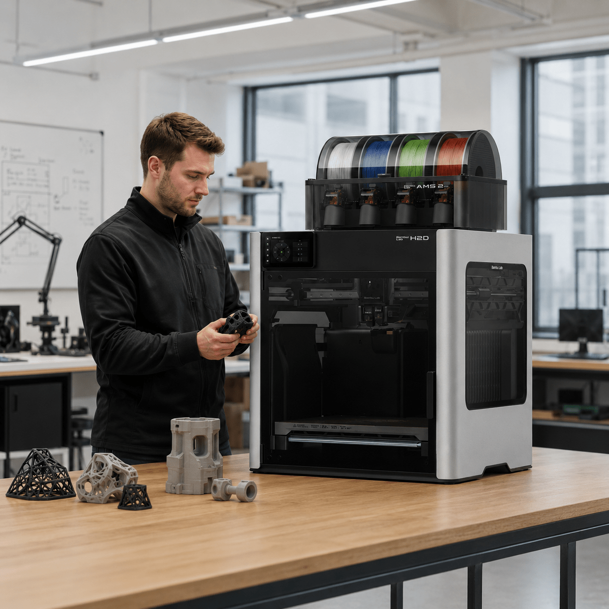 Человек проверяет 3D-печатную деталь рядом с принтером Bambu Lab H2D