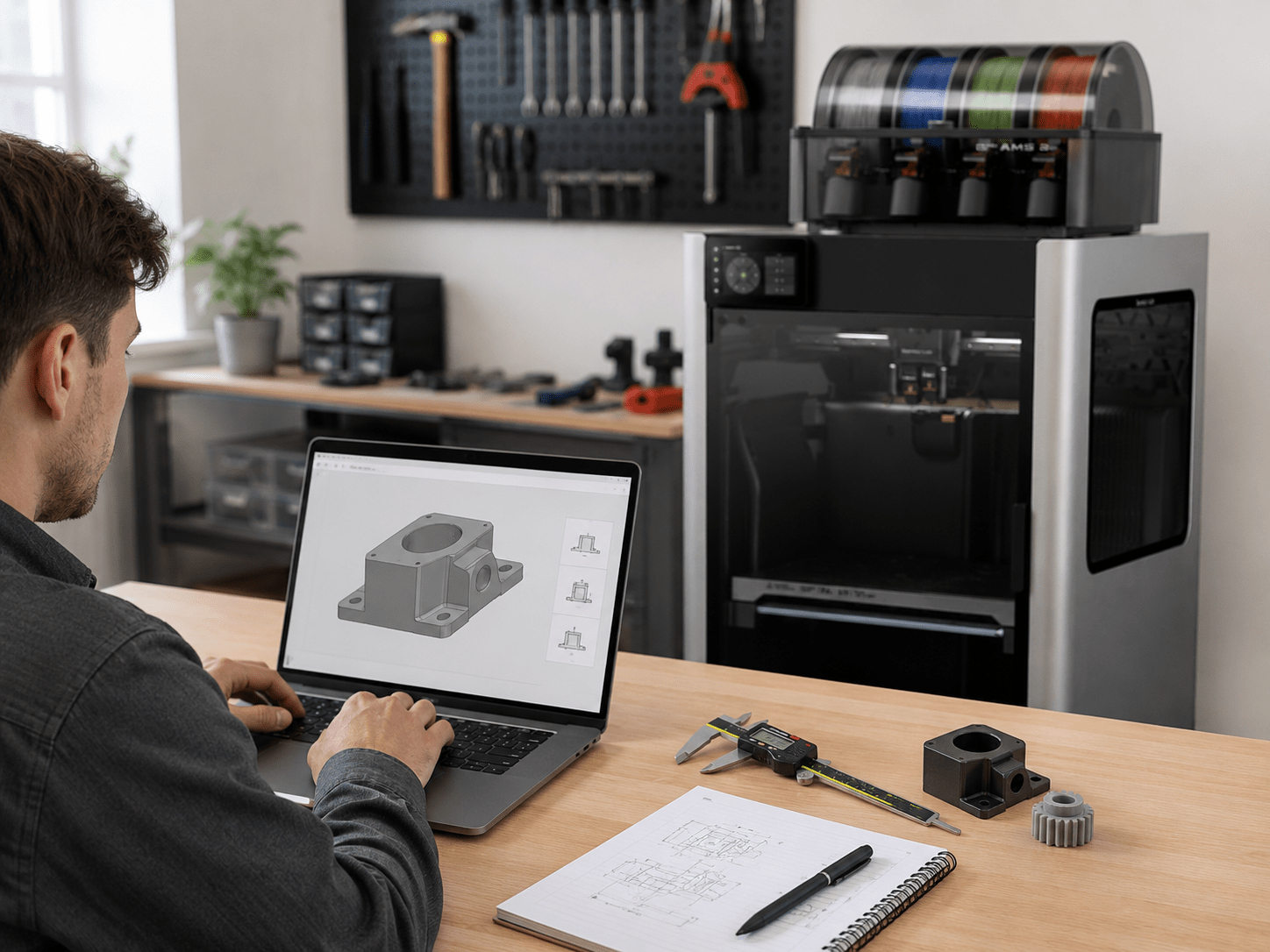 Ноутбук с формой заявки, штангенциркуль и 3D-печатная деталь для расчёта заказа