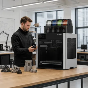 Иллюстрация: человек с деталью в руке рядом с 3D-принтером и катушками материала