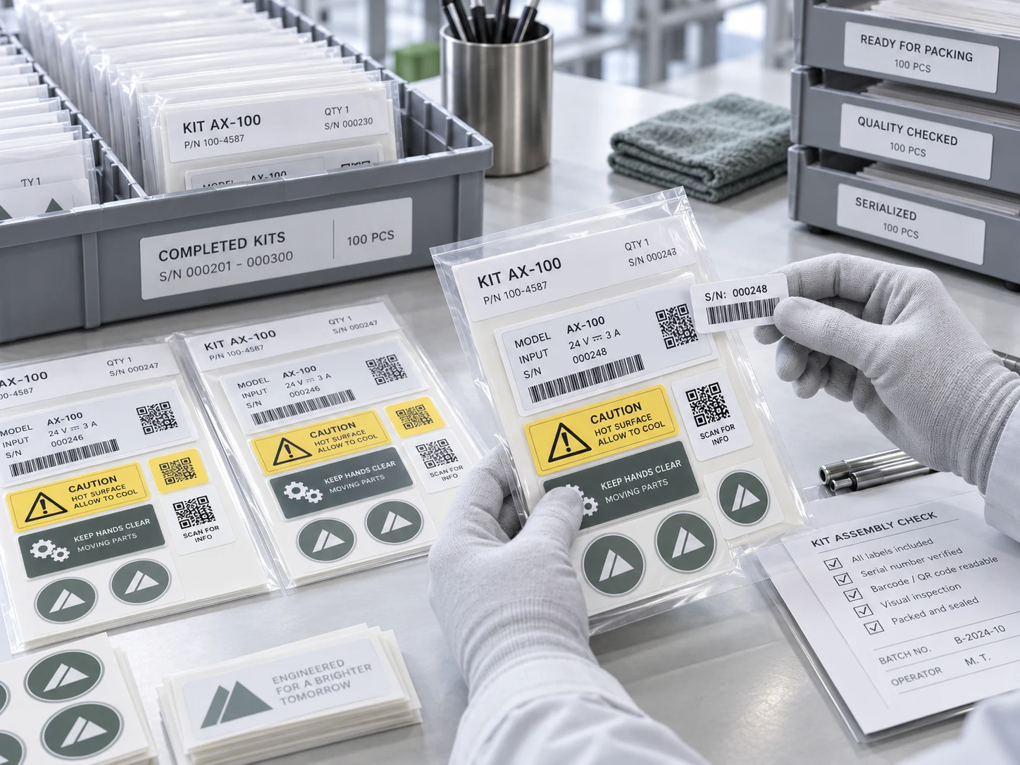 OEM-etikettide komplekteerimisel seerianumbrite ja vöötkoodide kontrollimise illustratsioon